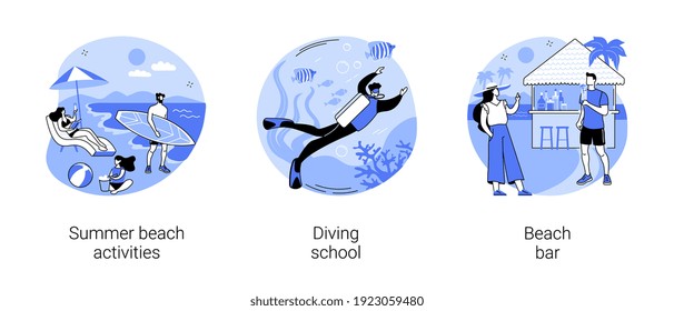 Summer resort abstract concept vector illustration set. Beach activities, surfing and diving school, beach bar, sea coast restaurant, water sport, scuba diver, tropical cocktail abstract metaphor.