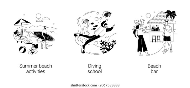 Conjunto de ilustraciones vectoriales de concepto abstracto de resort de verano. Actividades náuticas, escuela de surf y submarinismo, bar de playa, restaurante de costa marina, deportes acuáticos, buceo, cócteles tropicales metáforas abstractas.