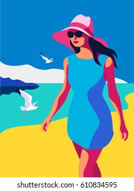 El concepto de resort de verano. Tarde soleada. Mujer con un gran sombrero y gafas de sol caminando por la playa. Ilustración del vector