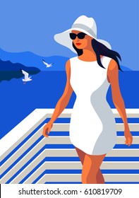 Summer resort concept. Woman in white dress, big white hat and sunglasses on the sea background. Vector illustration
