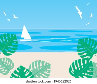 Summer resort as copy space template. Flat vector stock illustration. Backdrop with place for text. Beach resort with yacht and copy space, no people. Tropical leaves. Summer illustration