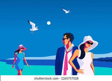 Summer resort day. Two girls and young man walking on the beach. Vector illustration