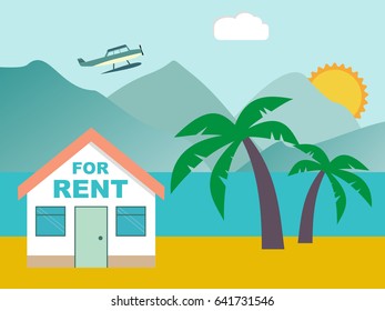Summer resort. House for rent on the beach. Vector illustration. 