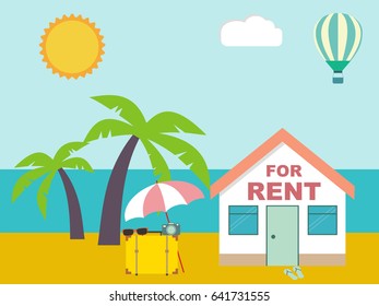 Summer resort. House for rent on the beach. Vector illustration. 