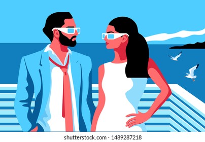 Summer resort scene. Couple in love, bearded man and girl with long hair, wearing summer clothes and sunglasses, standing face to face. Sea background with gulls. Vector illustration