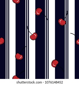 Summer resort stripe with fresh red cherry seamless pattern ,vector fot fashion fabric and all prints wallpaper ,book cover,on navy blue line