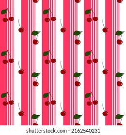 Summer resort stripe with fresh red cherry seamless pattern ,vector fot fashion fabric and all prints wallpaper ,book cover,on pink line. Vector illustration