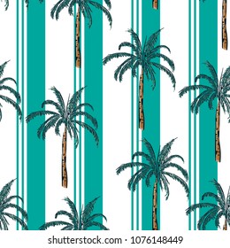 Summer resort stripe with palm tree seamless pattern ,vector for fashion fabric and all prints wallpaper ,book cover, on stylish green mint line.