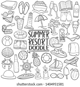 Summer Resort Travel. Tourism Set Exotic Beach. Traditional Doodle Icons Sketch Hand Made Design Vector. 