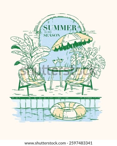 Summer resort vintage poster, vector hotel swimming pool retro illustration, lounger chair, table. Tropical vacation rest, exotic plant, umbrella, hand drawn paradise luxury spa print. Summer poster 