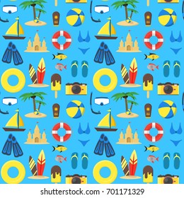 Summer Rest Background Pattern on a Blue Season Vacation and Travel Element Relaxation Tourism. Vector illustration