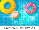 Summer rest background with top view on pool with inflatable rings and ball on blue water with ripple effect. Cartoon vector illustration of bottom outdoor swimming surface with floating rubber toys.