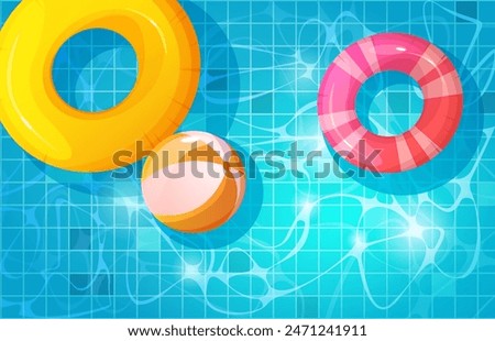 Summer rest background with top view on pool with inflatable rings and ball on blue water with ripple effect. Cartoon vector illustration of bottom outdoor swimming surface with floating rubber toys.