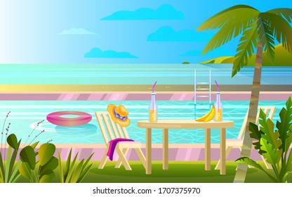 Summer rest banner with pool, table, chair, palm, hat. Picnic near ocean background in flat style. Tropical vacation concept with backyard, furniture, sea, clouds, exotic plants. 