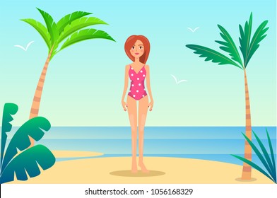 Summer rest banner, pretty woman in mode swimsuit, palms and cute seascape, girl on sea rest, three gulls, mode clothing for swimming, sunny weather