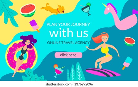 Summer Rest Banner. Vector Illustration of Vacationing People - objects and fruits, Holidays at sea, Travel Agency. Creative banner, landing page, flyer in a Flat style. Vector