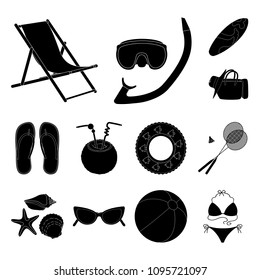 Summer rest black icons in set collection for design. Beach accessory vector symbol stock web illustration.