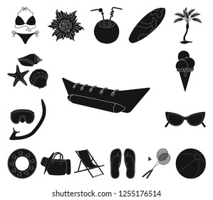 Summer rest black icons in set collection for design. Beach accessory vector symbol stock web illustration.