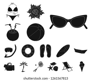 Summer rest black icons in set collection for design. Beach accessory vector symbol stock web illustration.