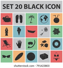 Summer rest black icons in set collection for design. Beach accessory vector symbol stock web illustration.
