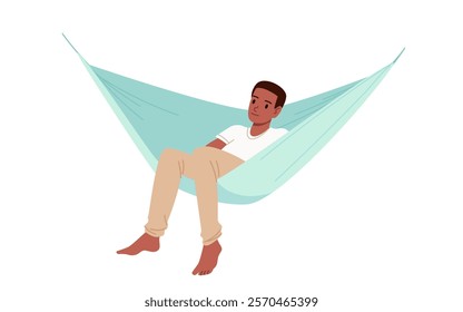 Summer rest of boy sitting in hanging green hammock, front view. Young barefoot man resting in fabric swing bed and watching, recreation of person in garden camping cartoon vector illustration