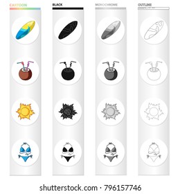 Summer rest cartoon black monochrome outline icons in set collection for design. Beach accessory vector symbol stock web illustration.