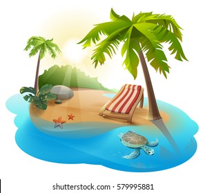 Summer rest. Chaise lounge under palm tree on tropical island. Illustration in vector format