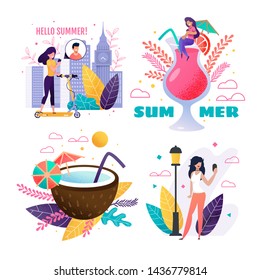 Summer Rest in City, Travelling and Vacation Set. Cartoon Happy People Enjoy Summertime and Sharing Impressions and Best Memories via Smartphone and Social Stories. Vector Flat Illustration