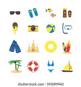 Summer Rest Color Icon Set Season Vacation and Travel Element Relaxation Tourism. Vector illustration