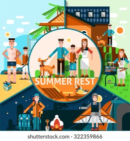 Summer rest concept with active outdoors holidays elements flat vector illustration