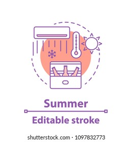 Summer rest concept icon. Hot weather. Refreshment idea thin line illustration. Beer, air conditioner. Vector isolated outline drawing. Editable stroke
