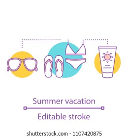 Summer rest concept icon. Vacation idea thin line illustration. Suntan cream, sunglasses, swimsuit and flip flops. Sunbathing. Summer accessories. Vector isolated outline drawing. Editable stroke