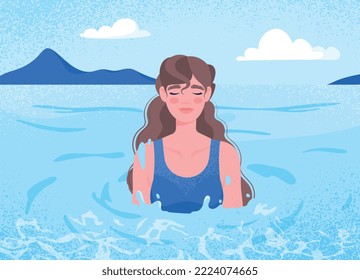 Summer rest concept. Woman in swimsuit bathes in sea or ocean, happy character. Travel and tourism, vacation and holiday metaphor. Poster or banner for website. Cartoon flat vector illustration