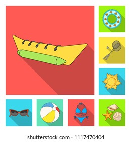 Summer rest flat icons in set collection for design. Beach accessory vector symbol stock web illustration.