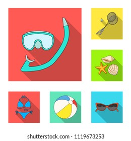 Summer rest flat icons in set collection for design. Beach accessory vector symbol stock web illustration.