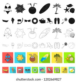 Summer rest flat icons in set collection for design. Beach accessory vector symbol stock web illustration.