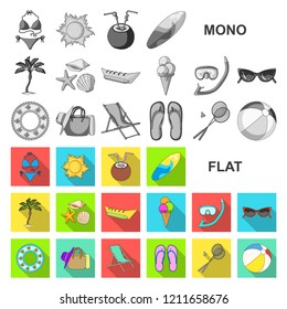 Summer rest flat icons in set collection for design. Beach accessory vector symbol stock web illustration.