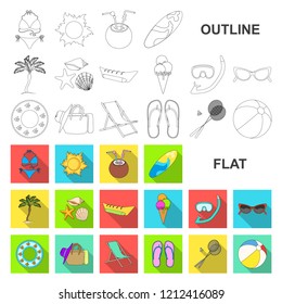 Summer rest flat icons in set collection for design. Beach accessory vector symbol stock web illustration.