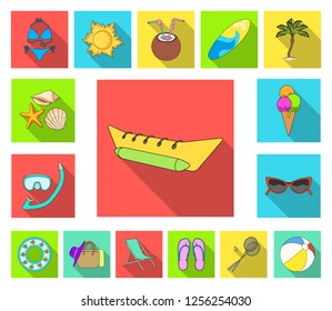 Summer rest flat icons in set collection for design. Beach accessory vector symbol stock web illustration.