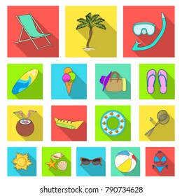 Summer rest flat icons in set collection for design. Beach accessory vector symbol stock web illustration.