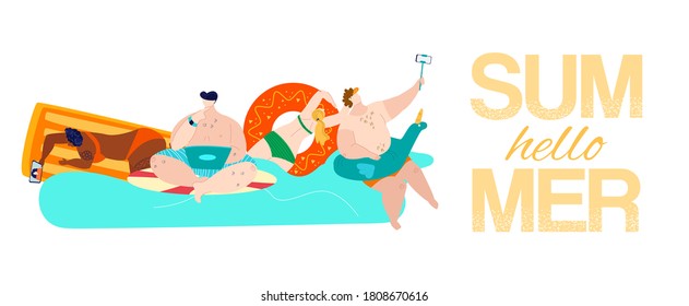 Summer rest, hello summer inscription on banner, happy holidays, design cartoon style vector illustration, isolated on white. Background information, outdoor recreation under sun, swimming in water.