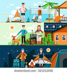 Summer rest horizontal banners set with people outdoors activities isolated vector illustration