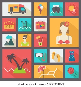 Summer rest icons set, flat design vector