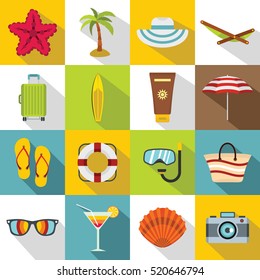 Summer rest icons set. Flat illustration of 16 summer rest vector icons for web