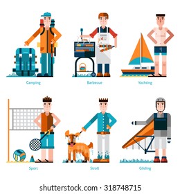 Summer rest icons set with people camping yachting and gliding isolated vector illustration