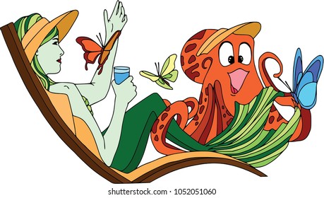 Summer rest - mermaid, octopus and butterfy. Cartoon characters, isolated on white, funny animals
