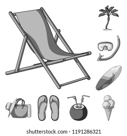 Summer rest monochrome icons in set collection for design. Beach accessory vector symbol stock web illustration.