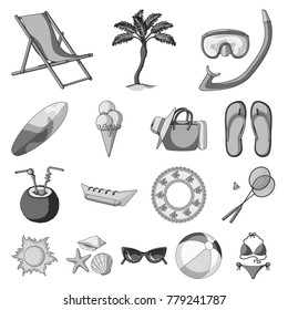 Summer rest monochrome icons in set collection for design. Beach accessory vector symbol stock web illustration.