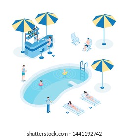 Summer rest near pool isometric vector illustration. Tourists with children, hotel staff 3D cartoon characters. Little kids swim, women sunbathing, waiter holding serving tray with cocktails