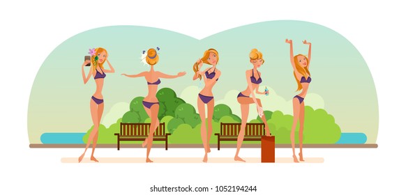 Summer rest on river. Beautiful girl in bikini, resting on beach, near river, taking picture of selfie, sunbathing on bright summer sun, next to summer relaxing park. Illustration in cartoon style.